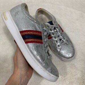 Geox Jaysen Silver Crackled Leather Sneakers Striped‎ Casual Shoes Women's 9